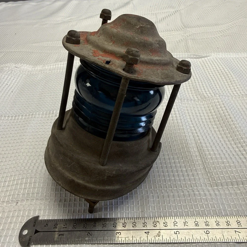 Antique Maritime Blue Fresnel Lens Signal Lantern Nautical Boat‎ Poor Shape